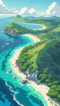 Seascape with green hills and blue sea. Vector illustration.のイラスト素材