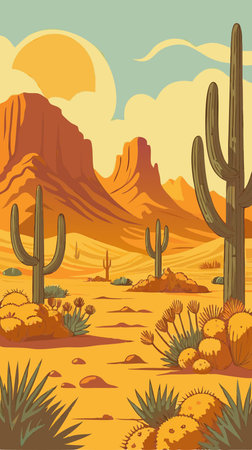 Desert landscape with cactuses and mountains in flat style.のイラスト素材