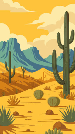 Desert landscape with cactuses and mountains. Vector illustration.のイラスト素材