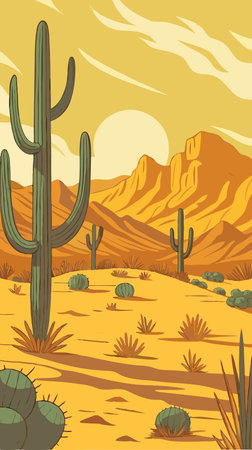 Desert landscape with cactuses. Vector illustration in cartoon styleのイラスト素材