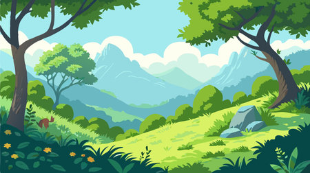 Summer landscape with mountains, forest and meadow. Vector illustration.のイラスト素材