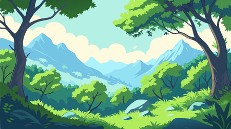 Nature background with mountains and green forest. Vector illustration in flat styleのイラスト素材