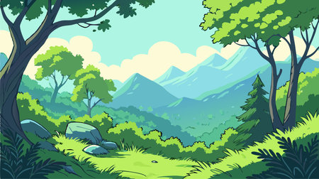Nature background with green forest and mountains. EPS10 vector illustration.のイラスト素材