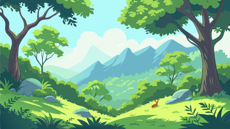 Nature landscape with forest and mountains. Vector illustration in cartoon style.のイラスト素材
