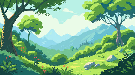 Beautiful landscape with forest and mountains. Vector illustration in flat styleのイラスト素材