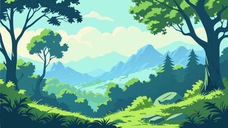 Summer landscape with mountains and forest. Vector illustration in flat style.のイラスト素材