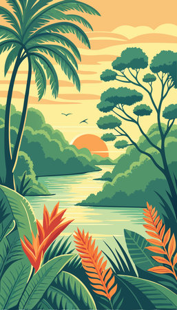Tropical landscape with palm trees and sea. Vector illustration.のイラスト素材