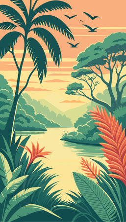 Tropical landscape with palm trees and river. Vector illustration.のイラスト素材