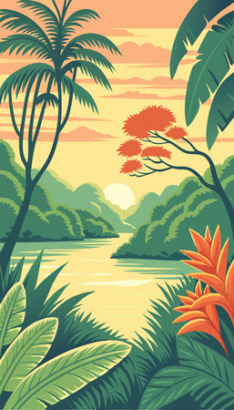 Tropical landscape with palm trees and river. Vector illustration.のイラスト素材
