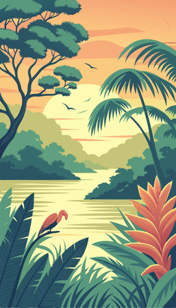 Tropical landscape with palm trees and flamingo. Vector illustrationのイラスト素材
