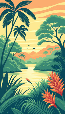 Tropical landscape with palm trees and lake. Vector illustration.のイラスト素材