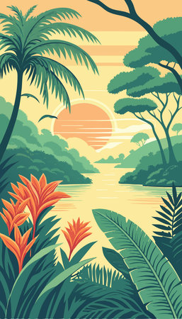 Tropical landscape with palm trees, flowers and sunset. Vector illustrationのイラスト素材