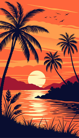 Silhouette of palm trees on the beach at sunset. Vector illustrationのイラスト素材
