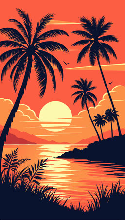 Tropical beach with palm trees at sunset. Vector illustration.のイラスト素材