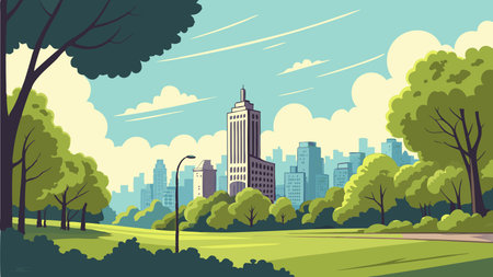 City park with skyscrapers and trees. Vector illustration in flat styleのイラスト素材