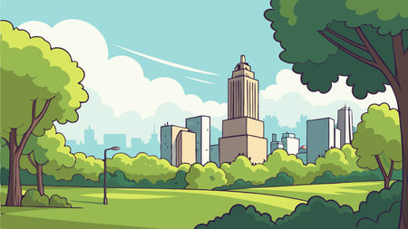 City park with trees and skyscrapers in the background vector illustration graphic designのイラスト素材