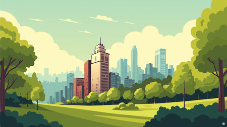 City landscape with trees and skyscrapers. Vector illustration in flat styleのイラスト素材
