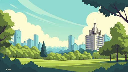 City landscape with skyscrapers and trees. Vector illustration in flat styleのイラスト素材
