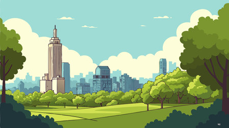 City park landscape with skyscrapers and trees. Vector illustration.のイラスト素材