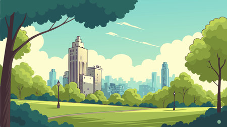 City park landscape with skyscrapers and trees, vector illustration.のイラスト素材