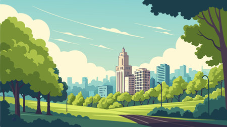 City park with skyscrapers and trees. Vector illustration in flat styleのイラスト素材