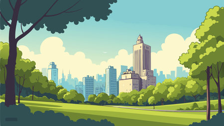 City park with skyscrapers and trees. Vector illustration in flat styleのイラスト素材