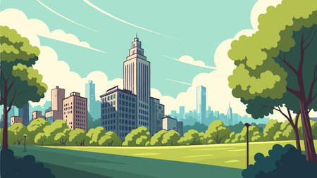 City landscape with skyscrapers and trees. Vector illustration in flat styleのイラスト素材