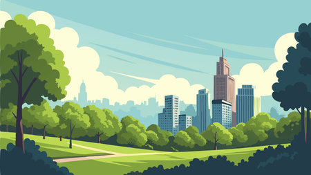 City park with skyscrapers and trees. Flat style vector illustration.のイラスト素材