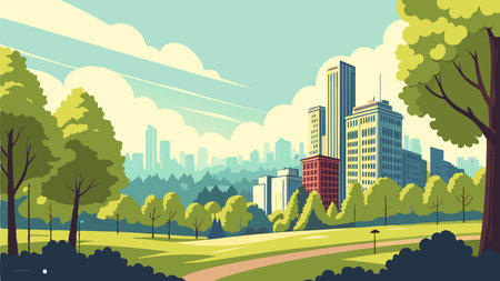 City park with skyscrapers, trees and grass. Vector illustrationのイラスト素材