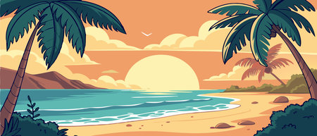 Tropical beach with palm trees and sunset. Vector illustration.のイラスト素材