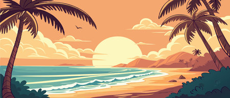 Tropical beach with palm trees, sea and sunset. Vector illustrationのイラスト素材