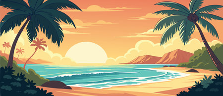 Sunset on the beach with palm trees. Vector illustration in flat styleのイラスト素材