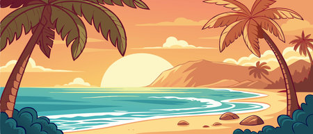 Tropical beach with palm trees and sea at sunset background illustrationのイラスト素材