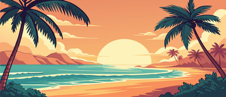 Tropical beach with palm trees at sunset. Vector illustration.のイラスト素材