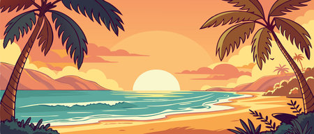 Tropical beach with palm trees at sunset. Vector illustration.のイラスト素材