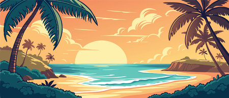 Tropical beach with palm trees, sea and sunset. Vector illustrationのイラスト素材