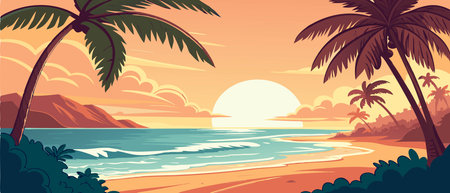 Tropical beach with palm trees and sunset. Vector illustration.のイラスト素材