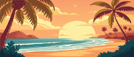 Tropical beach with palm trees at sunset. Vector illustration.のイラスト素材