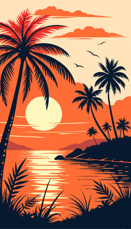 Tropical island with palm trees and sunset. Vector illustration.のイラスト素材