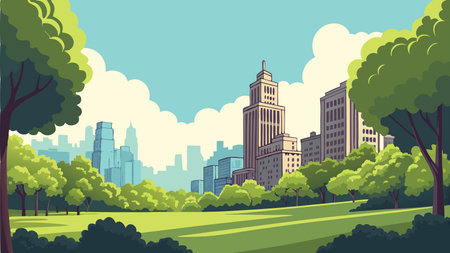 City park with skyscrapers and trees. Vector illustration in flat styleのイラスト素材
