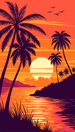 Tropical island with palm trees at sunset. Vector illustration.のイラスト素材