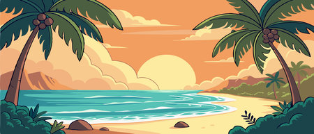 Tropical beach with palm trees and sea at sunset background illustrationのイラスト素材