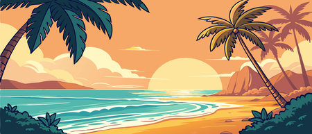 Tropical beach with palm trees at sunset. Vector illustration.のイラスト素材