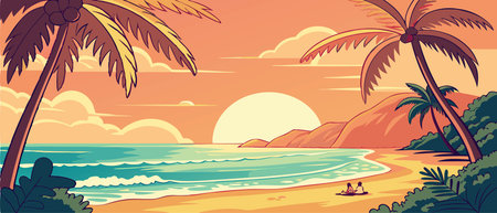 Tropical beach with palm trees at sunset. Vector illustration.のイラスト素材
