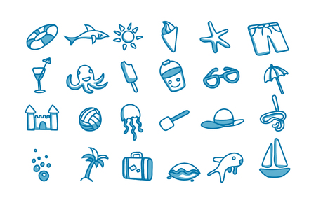 24  vector doodle blue beach icons on whiteのイラスト素材