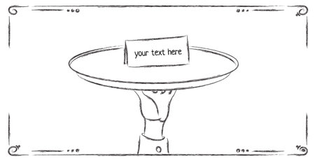 Butler or waiter holding a card reading special invitation on a silver platterのイラスト素材