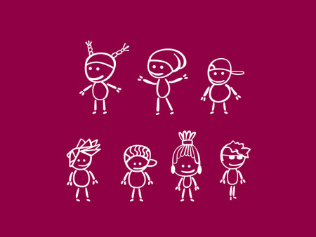 White vector doodle characters on purple backgoundのイラスト素材