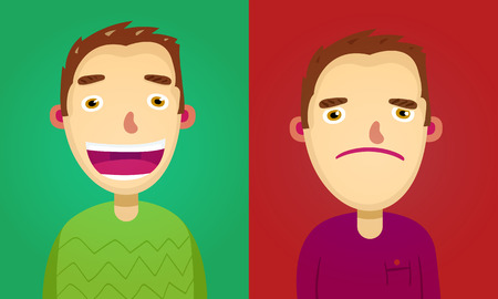 Attractive brown haired young man on two different face expressions collectionのイラスト素材