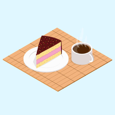 Cup of hot drink and slice of cake on wooden mat. Vectorのイラスト素材