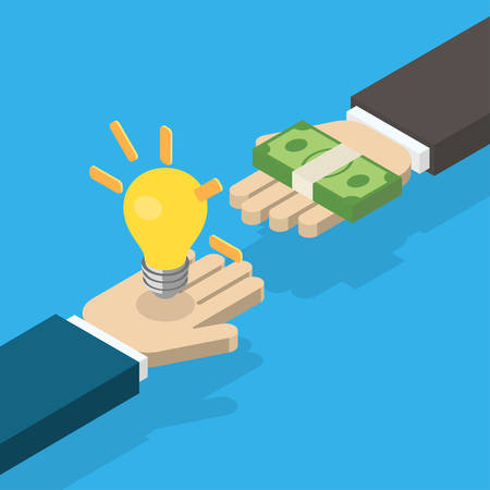 Idea trading for money concept. One hand holding light bulb and other hand offers money. Isometric vector illustrationのイラスト素材